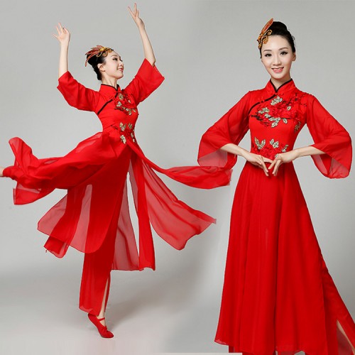 Women's Chinese ancient traditional folk dance dress red colored stage performance yangko fan classical team group dancers competition costumes